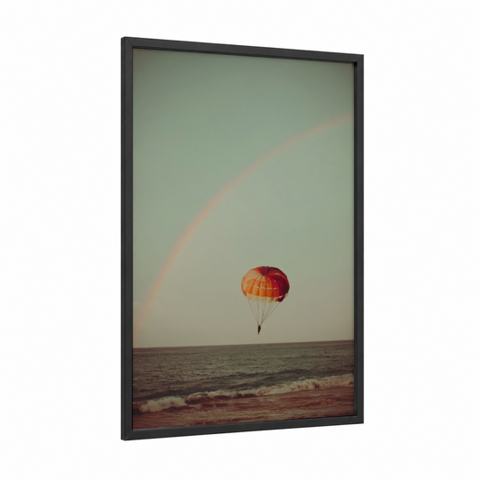 Sunset Parasail framed parasailing print — black wood frame — red and light green palette