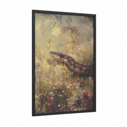 Wildflower Boa framed boa constrictor print — black wood frame — cream and olive palette