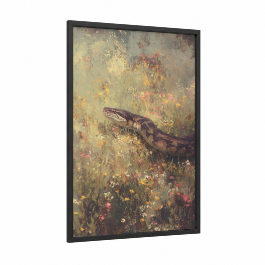 Wildflower Boa framed boa constrictor print — black wood frame — cream and olive palette