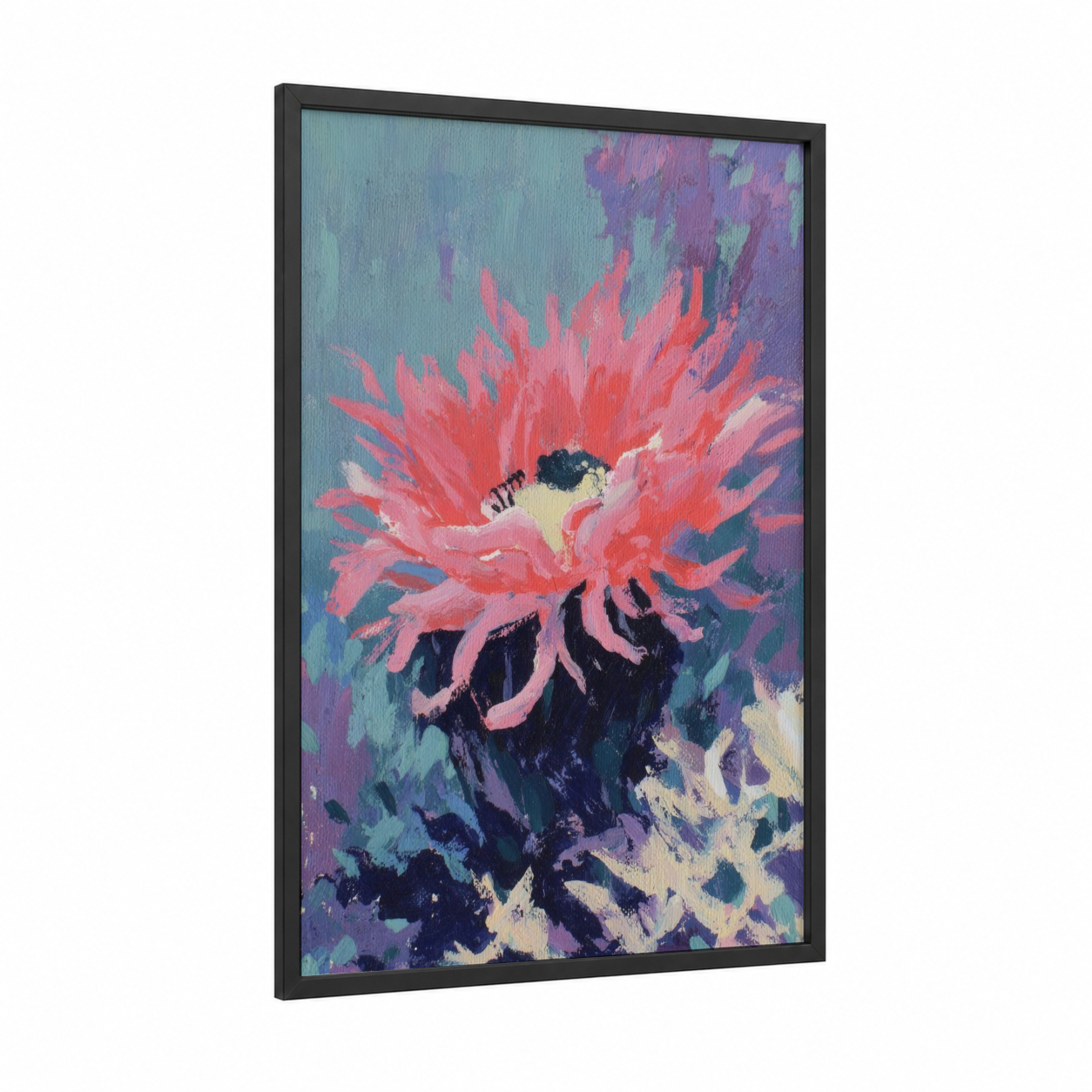 Crimson Anemone framed sea anemone print — black wood frame — pink and blue palette