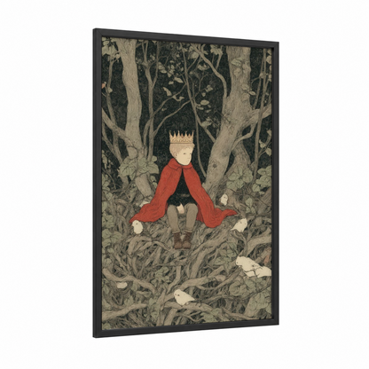 Forest King framed kids magic and fantasy print — black wood frame — red and black and white palette