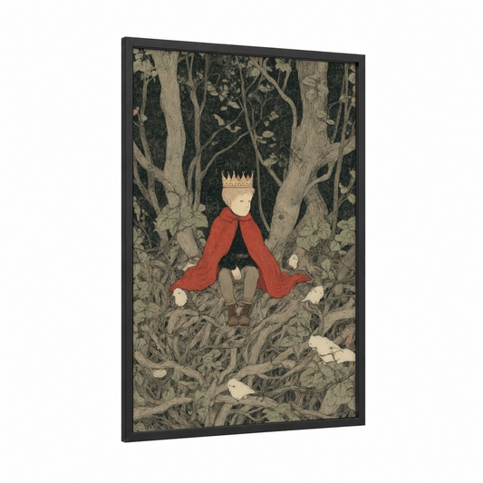 Forest King framed kids magic and fantasy print — black wood frame — red and black and white palette