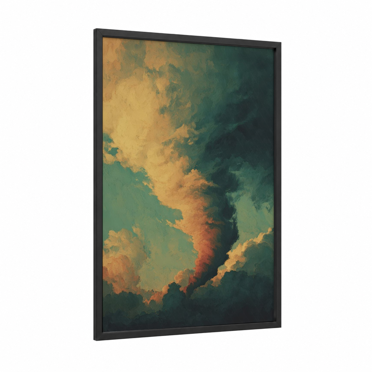 Golden Tornado Fury framed art print — black wood frame — gold and teal palette