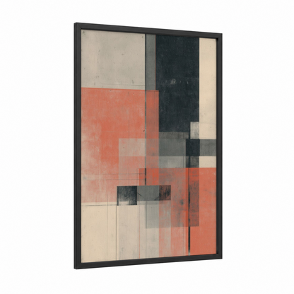 Crimson Geometry framed abstract geometric print — black wood frame — red and black palette