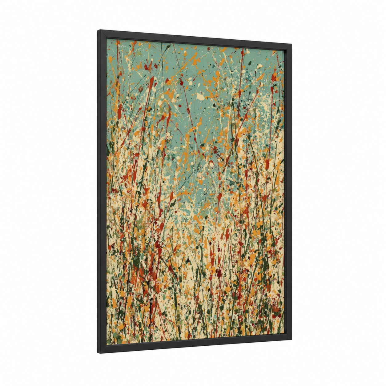 Wildflower Meadow framed grass print — black wood frame — teal and gold palette