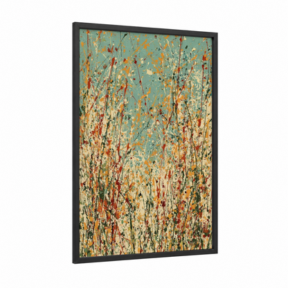 Wildflower Meadow framed grass print — black wood frame — teal and gold palette