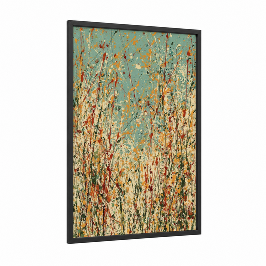Wildflower Meadow framed grass print — black wood frame — teal and gold palette