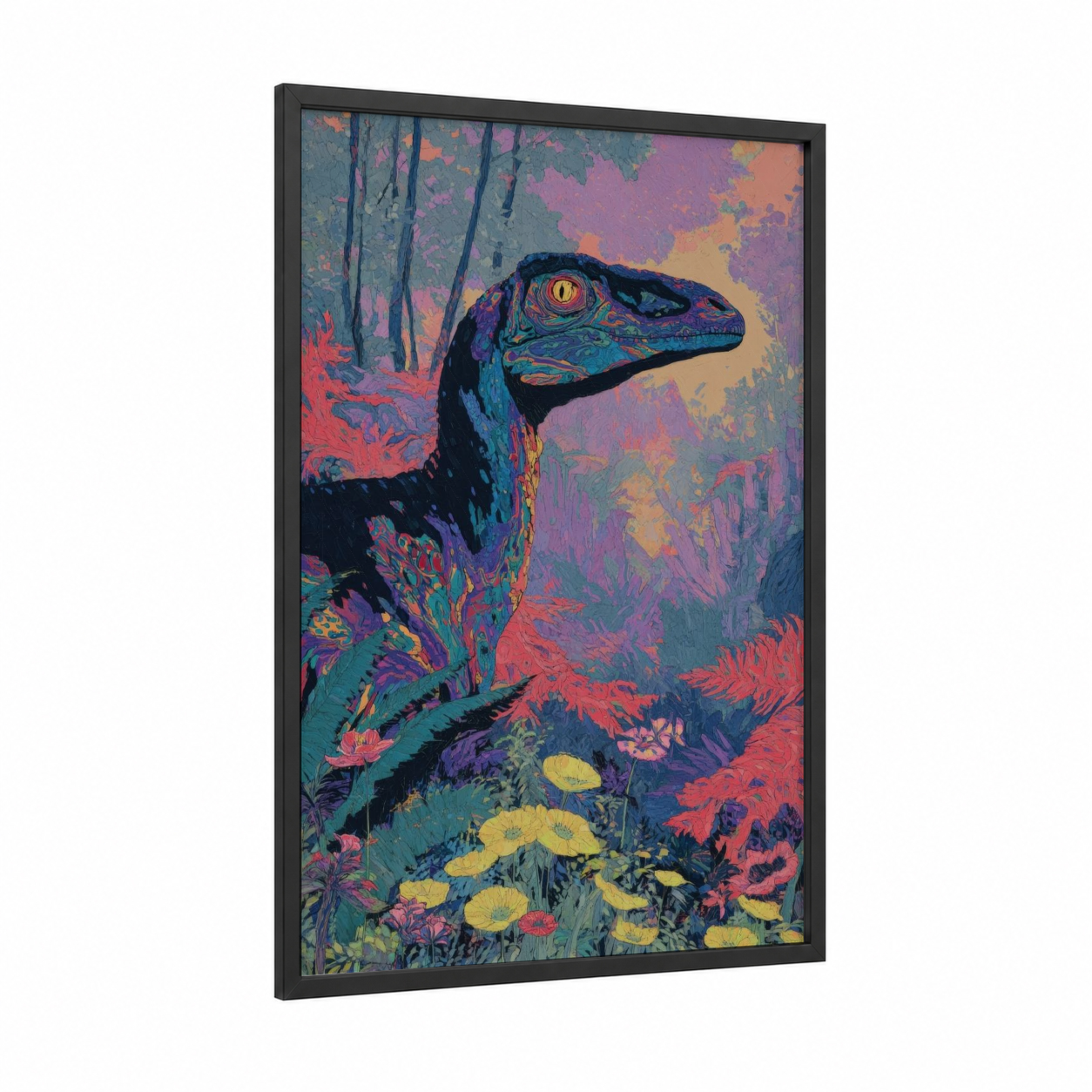 Vibrant Dinosaur Portrait framed art print — black wood frame — magenta and gold palette