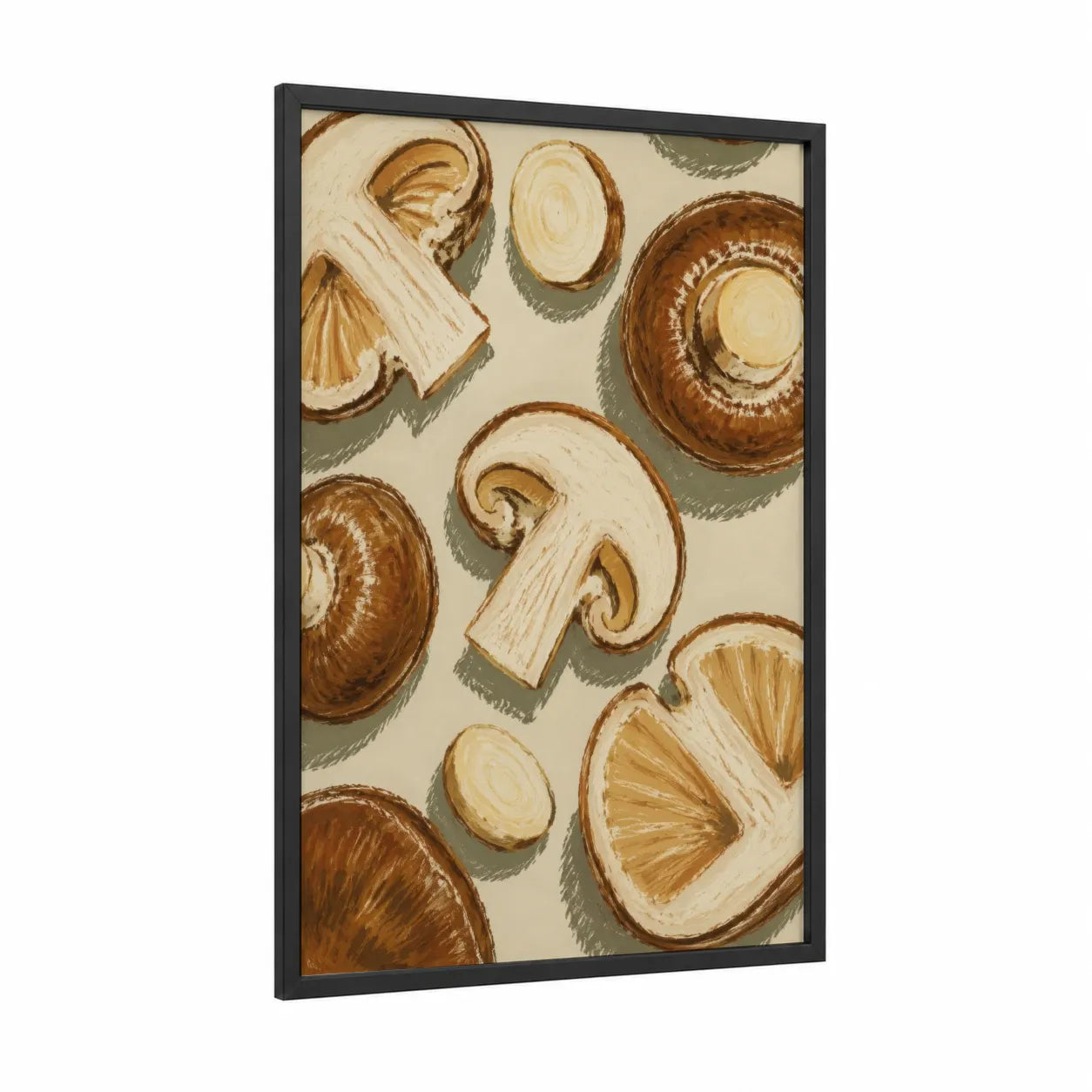 Sliced Mushroom Kitchen Wall Art framed vegetable print — black wood frame — brown and cream palette