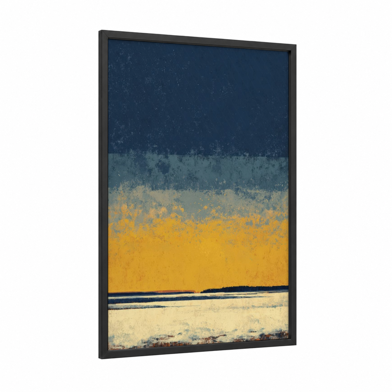 Golden Morning Horizon framed morning sky print — black wood frame — dark blue and gold palette