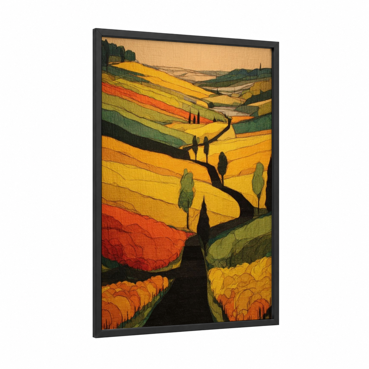 Golden Vineyard Valley framed vineyards print — black wood frame — yellow gold and orange palette