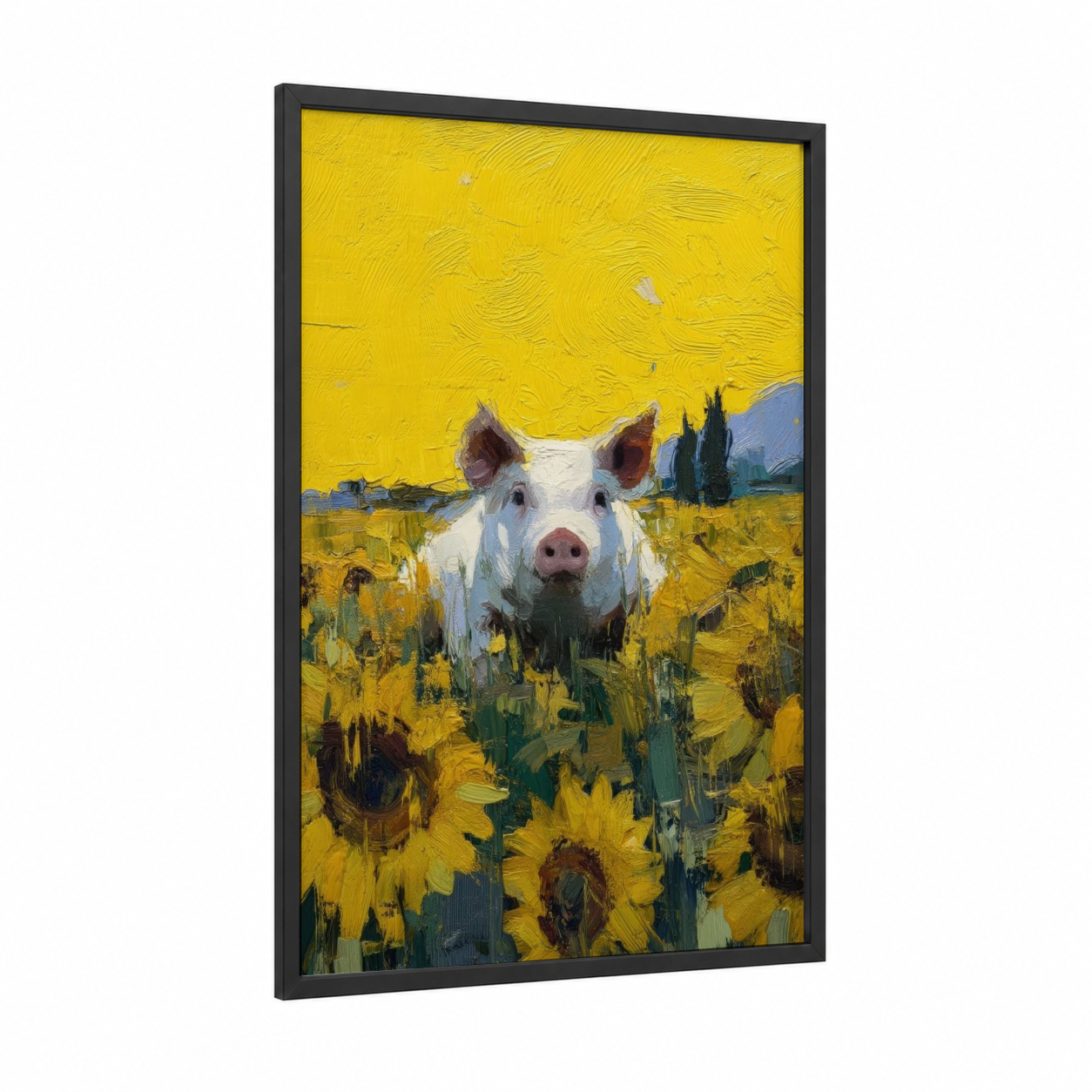 Sunflower Pig framed art print — black wood frame — yellow gold and blue palette