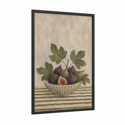 Vintage Fig Bowl Still Life Wall Art framed fruit trees print — black wood frame — beige and olive palette