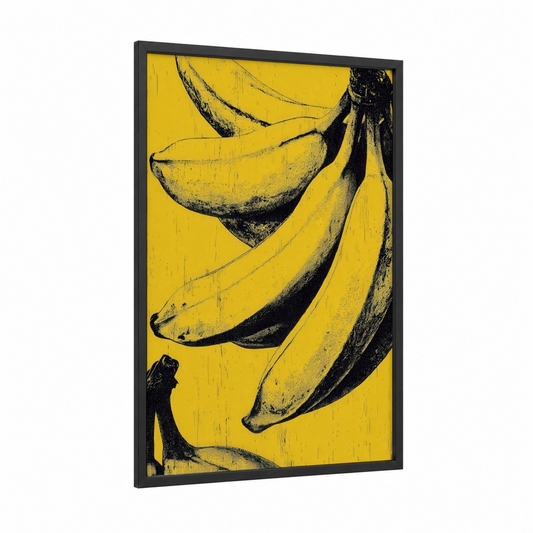 Yellow Banana Bunch framed fruit print — black wood frame — yellow and black and white palette
