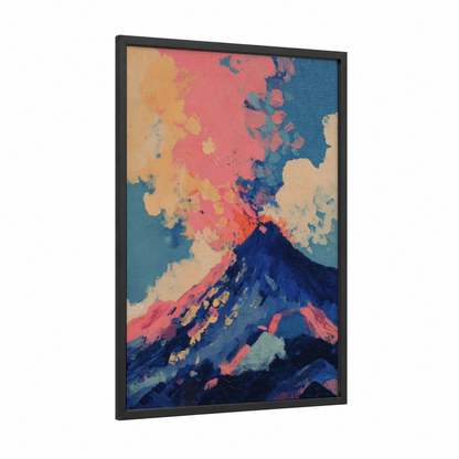 Crimson Volcano framed art print — black wood frame — blue and salmon pink palette