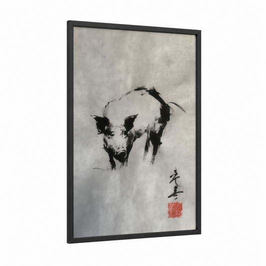 Contemplative Pig framed art print — black wood frame — black and white and cream palette
