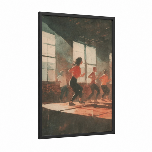 Studio Zumba framed art print — black wood frame — orange and sage green palette