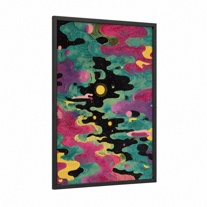 Cosmic Astronaut Journey framed japanese psychedelic print — black wood frame — magenta and gold palette