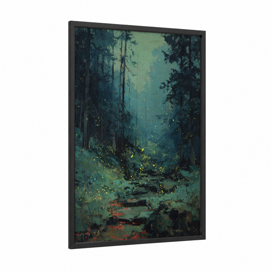 Enchanted Forest Fireflies framed art print — black wood frame — teal and dark blue palette