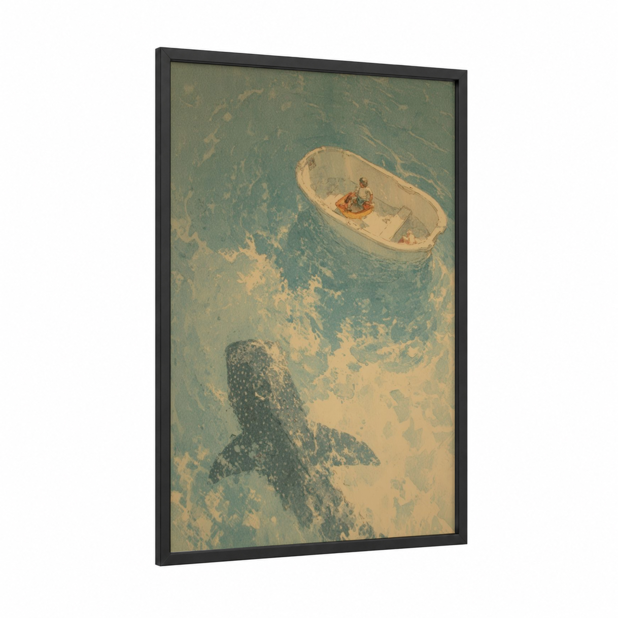 Whale Shark Encounter framed art print — black wood frame — teal and cream palette
