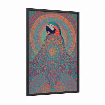 Radiant Macaw framed art print — black wood frame — orange and teal palette
