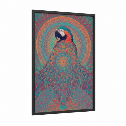 Radiant Macaw framed art print — black wood frame — orange and teal palette