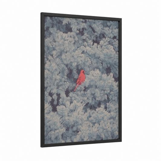 Crimson Cardinal Perch framed art print — black wood frame — gray and white and red palette