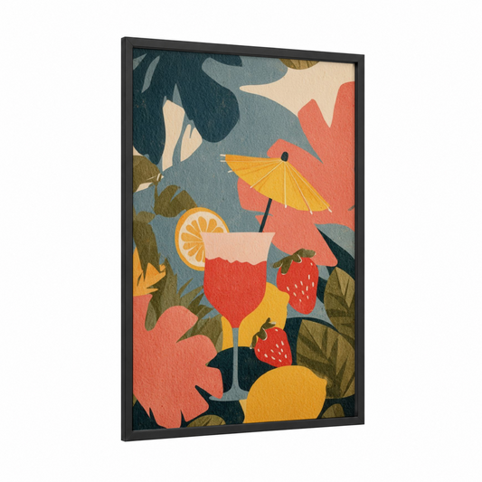 Tropical Cocktail Paradise framed art print — black wood frame — red and blue palette