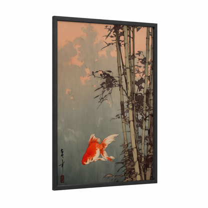 Crimson Goldfish framed art print — black wood frame — peach and sage green palette