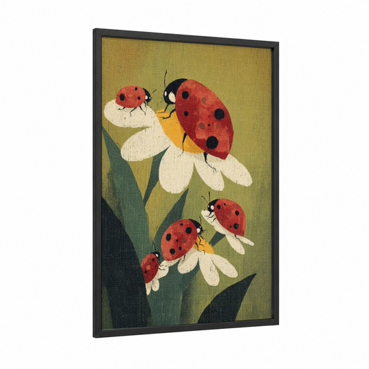 Daisy Ladybugs framed art print — black wood frame — gold and red palette
