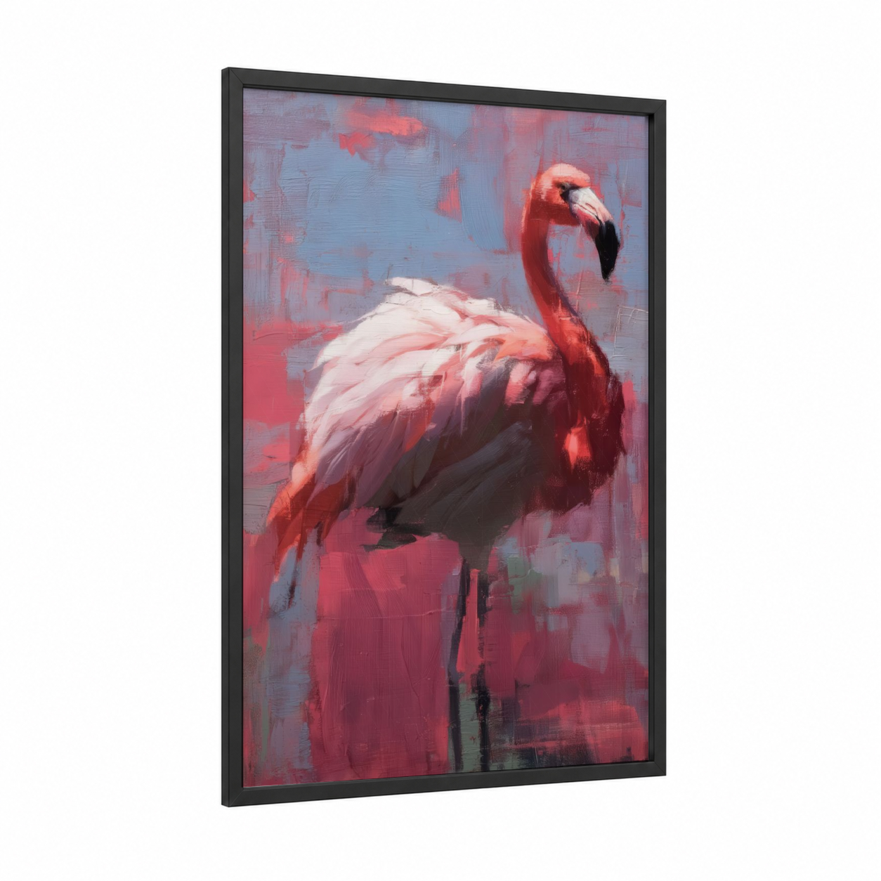 Crimson Flamingo framed art print — black wood frame — red and blue palette