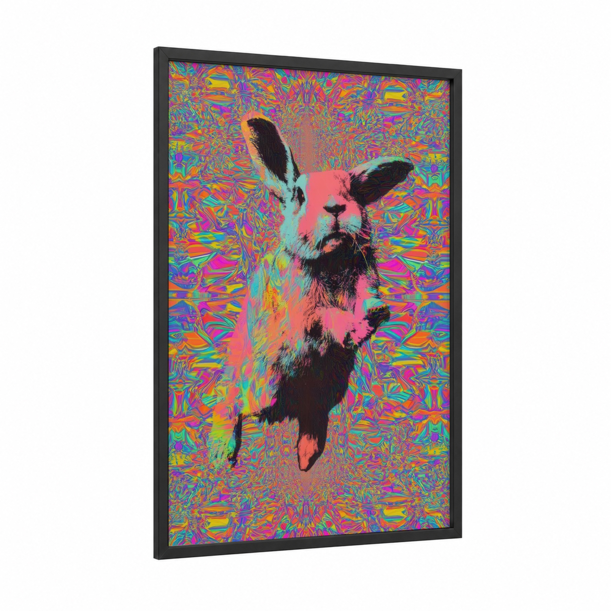 Neon Rabbit Pop framed art print — black wood frame — magenta and lime green palette