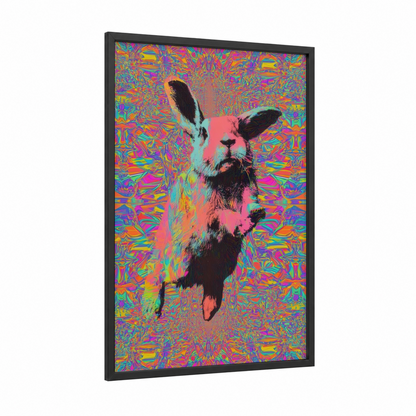 Neon Rabbit Pop framed art print — black wood frame — magenta and lime green palette