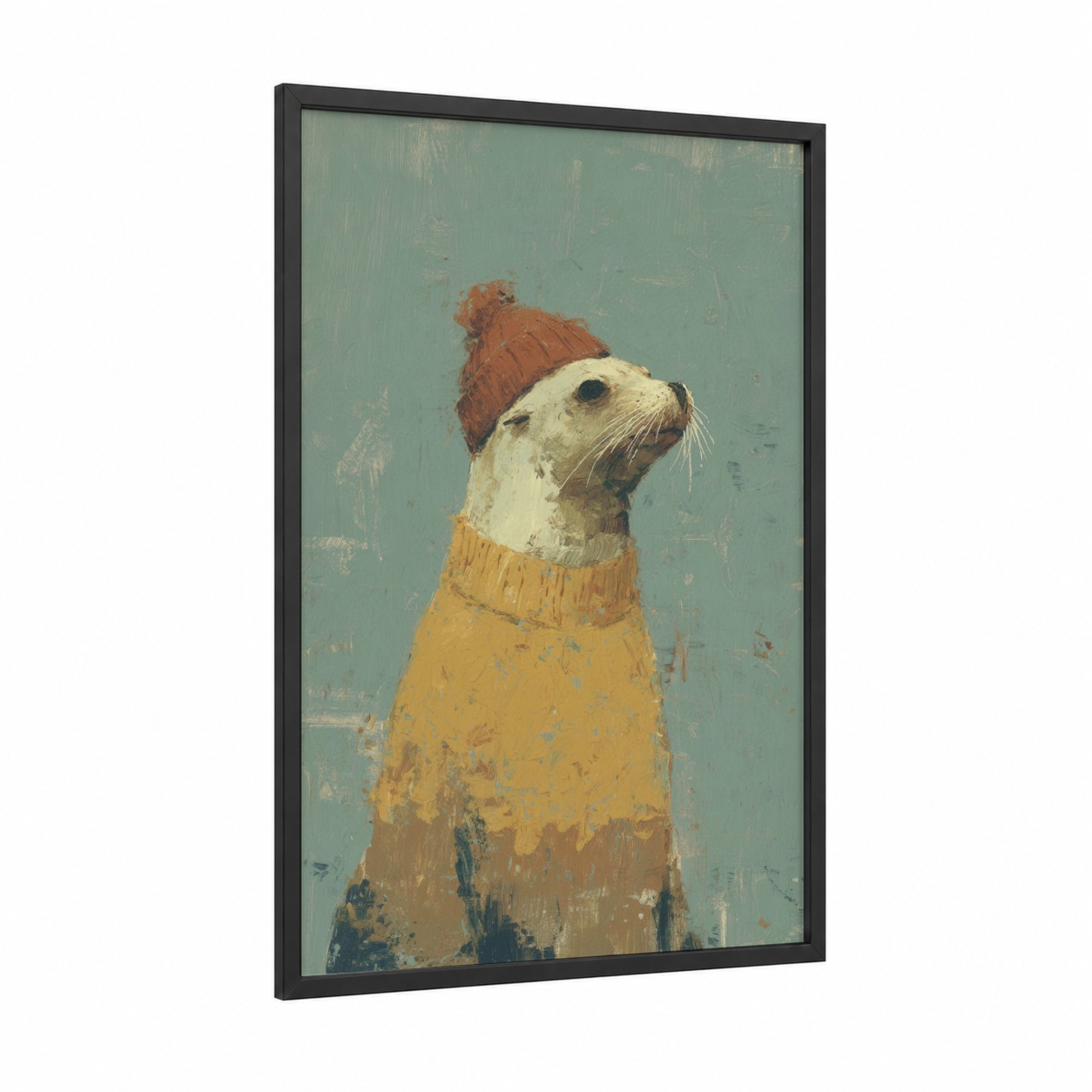 Cozy Sea Lion framed art print — black wood frame — sage green palette