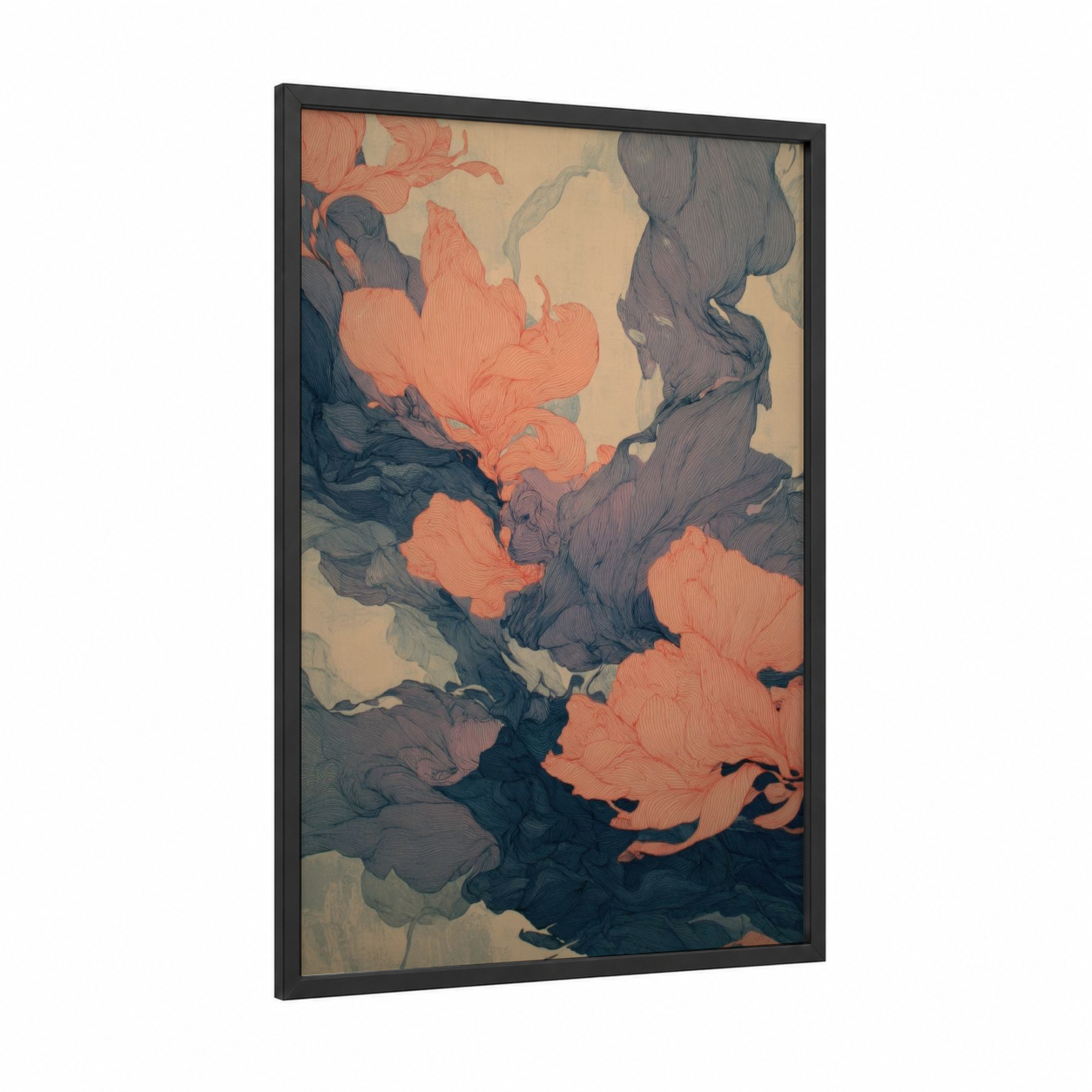 Coral Dance Flow framed zumba print — black wood frame — salmon pink palette