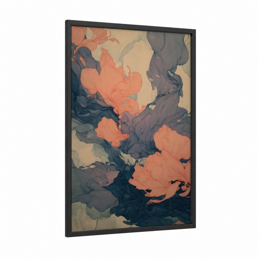 Coral Dance Flow framed zumba print — black wood frame — salmon pink palette
