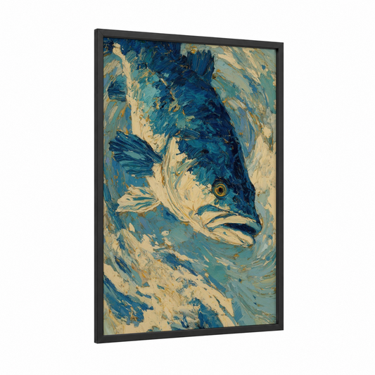 Golden Snook framed art print — black wood frame — blue and gold palette
