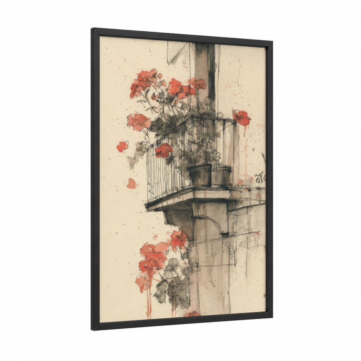 Balcony Geraniums framed art print — black wood frame — red and cream palette