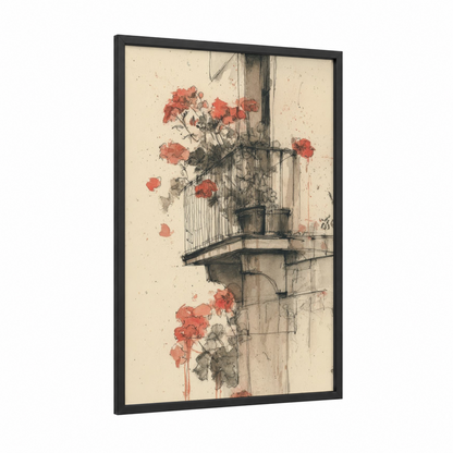 Balcony Geraniums framed art print — black wood frame — red and cream palette