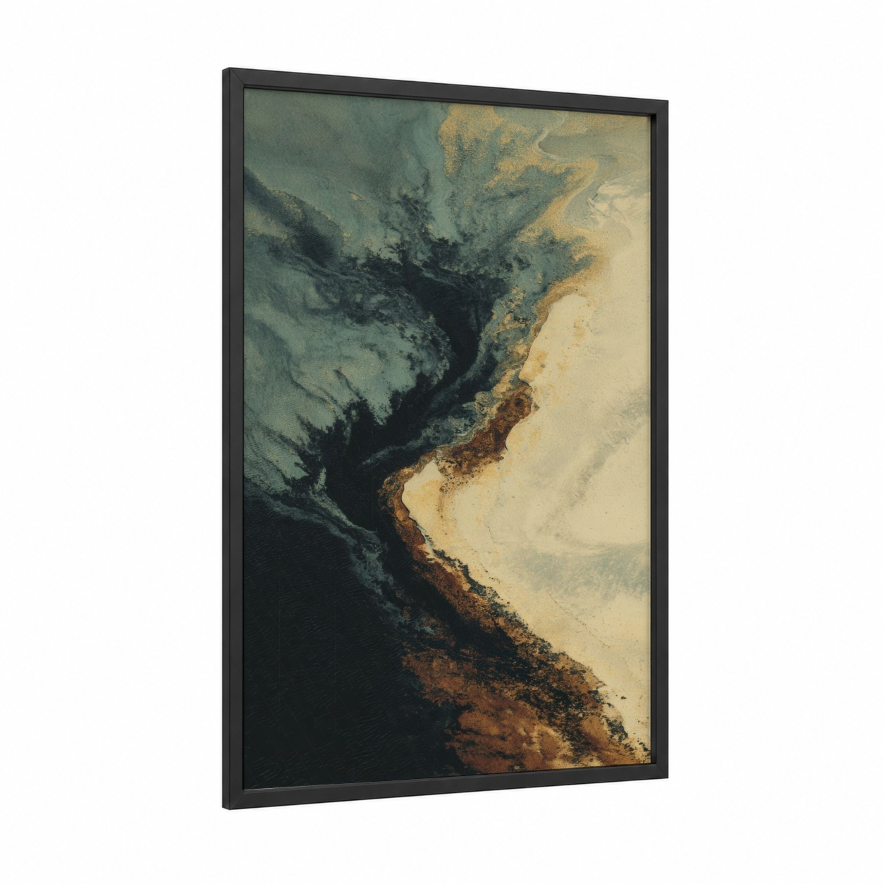 Coastal Erosion framed sandy beach print — black wood frame — cream and dark green palette
