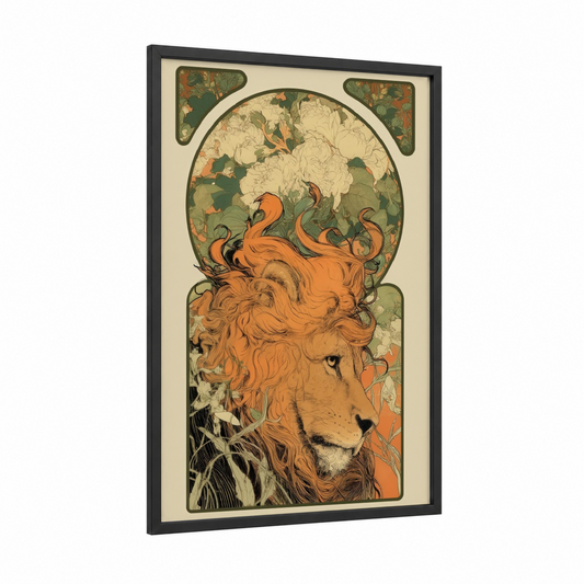 Floral Lion framed art print — black wood frame — orange and cream palette