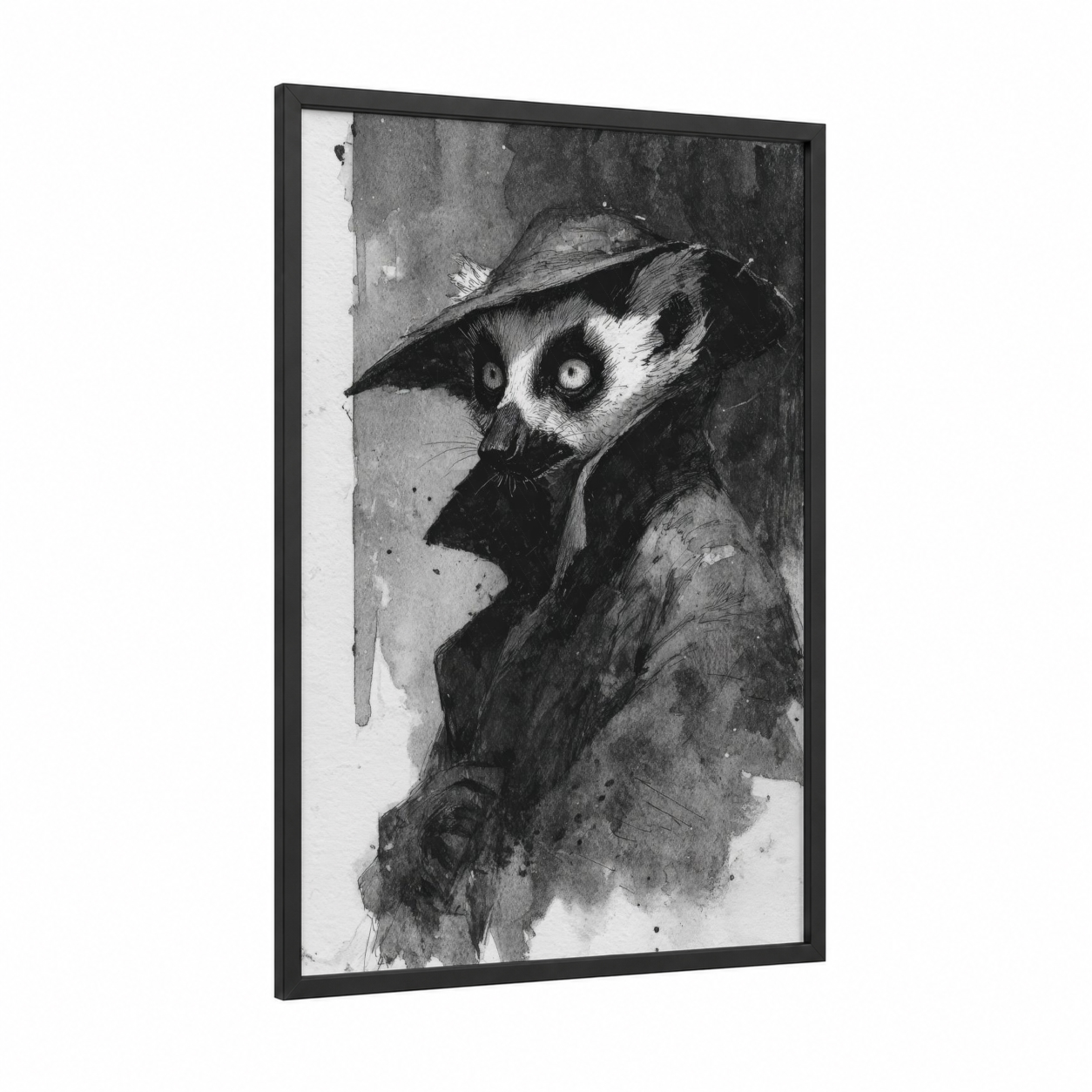 Dapper Lemur framed art print — black wood frame — black and white palette