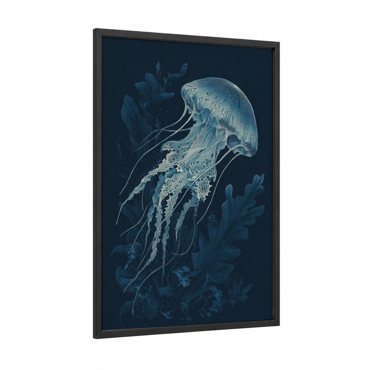 Bioluminescent Jellyfish framed art print — black wood frame — dark blue and blue and white palette