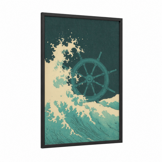 Vintage Shipwheel framed art print — black wood frame — teal and cream palette