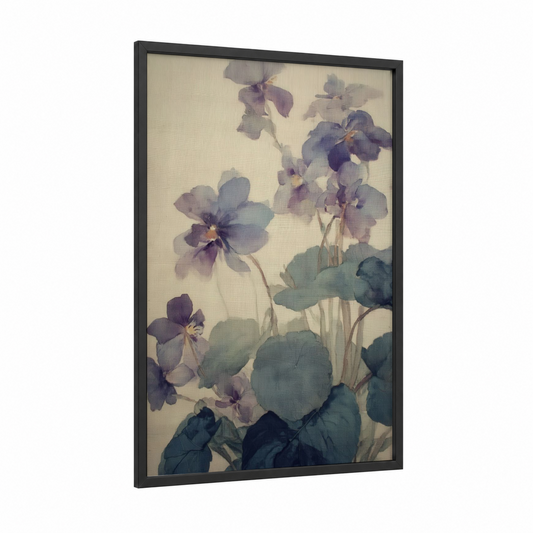 Soft Violets Study framed art print — black wood frame — lavender and sage green palette