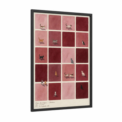 Vintage Feline Study Grid Wall Art framed cat print — black wood frame — maroon and pink palette