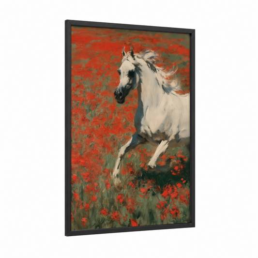 Crimson Poppy Arabian framed arabian horse print — black wood frame — red and white palette
