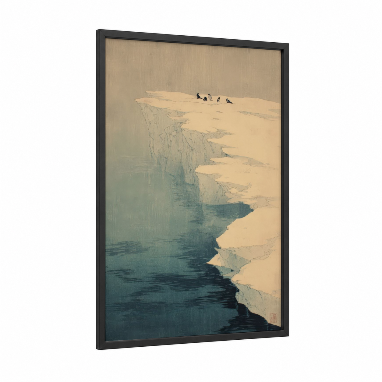 Snowy Glacier Edge framed art print — black wood frame — cream and blue and white palette