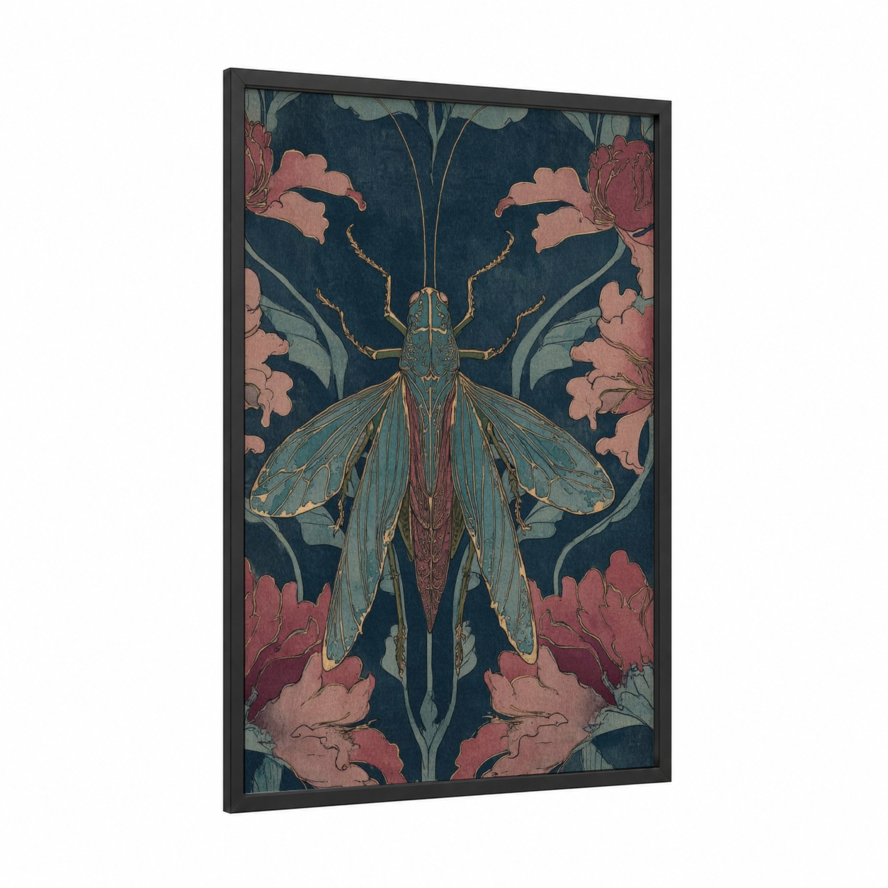 Grasshopper framed art print — black wood frame — dark blue and salmon pink palette