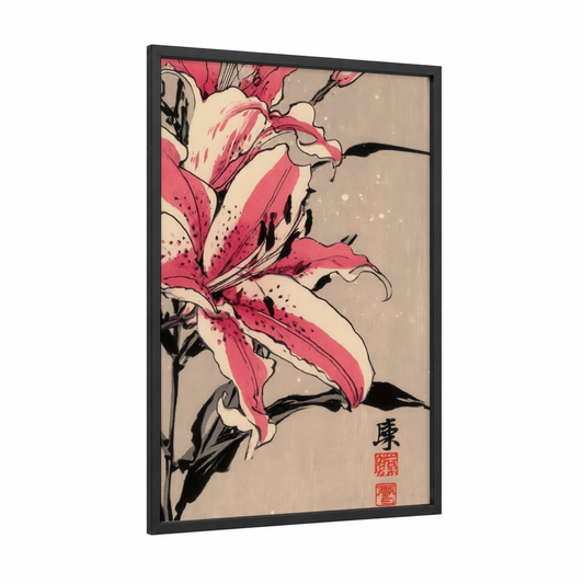 Pink Lily Bloom framed art print — black wood frame — pink and black and white palette